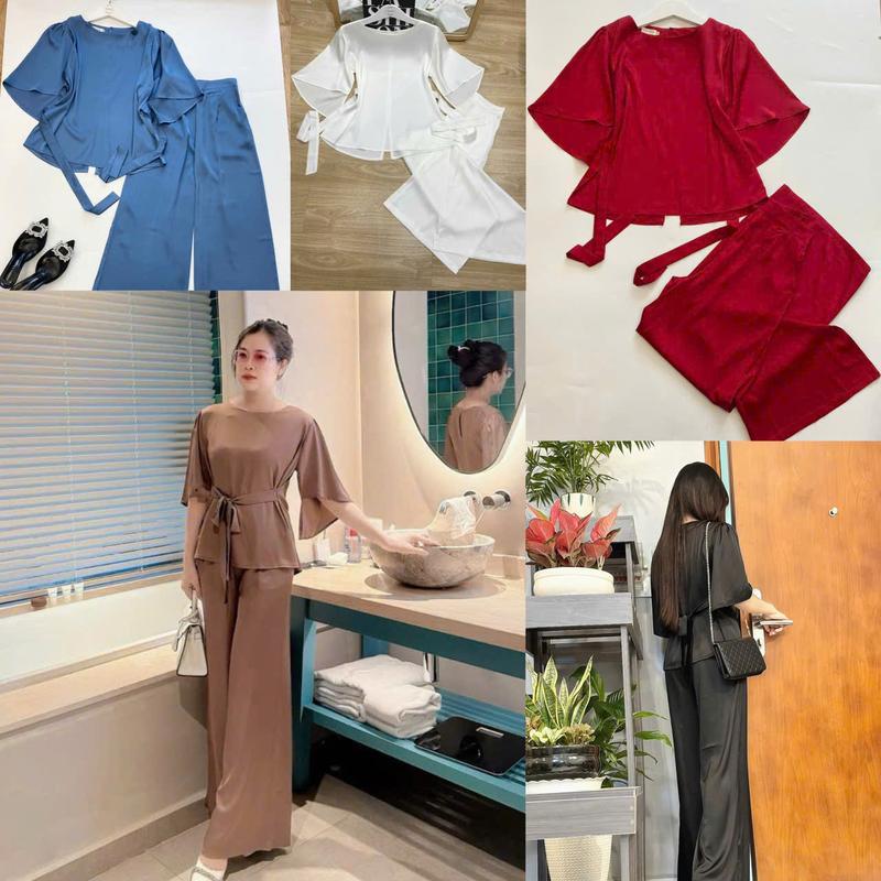 MS150: Sét áo lụa nữ cổ tròn tay lỡ, dây cột eo đủ size 40-95kg