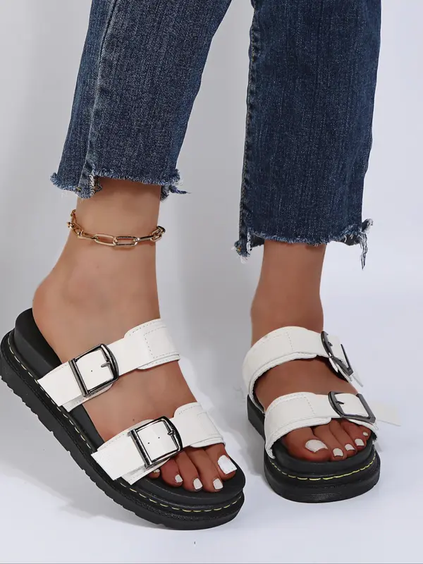 Women's Fashionable Plain Color Buckle Decorated Flat Sandals, Casual Comfortable Sandals for Summer, Lightweight Breathable Shoes for Daily Wear, Girl 2