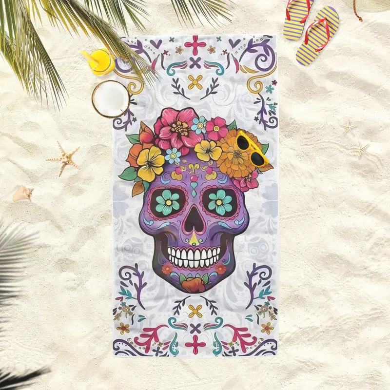 Skull & Floral Pattern Beach Towel, Soft Absorbent Towel, Rectangular Towel for Travel, Yoga, Swimming, Fitness, Picnic 5