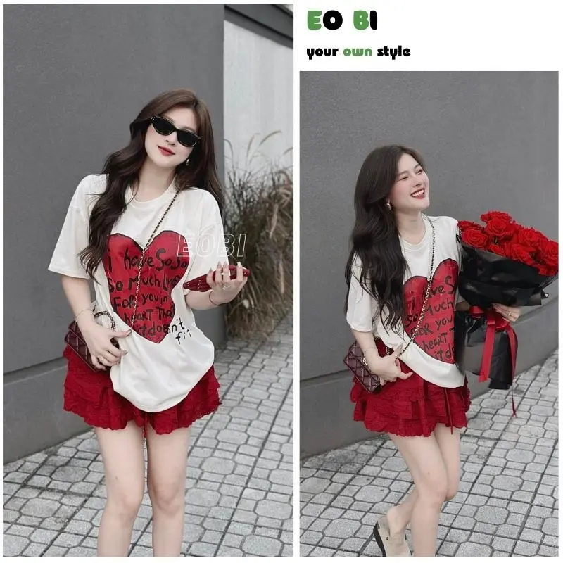 Set áo thun tim chữ mix chân váy xếp ly đỏ viền ren siêu xinh mặc hè cực đẹp - EOBI 1