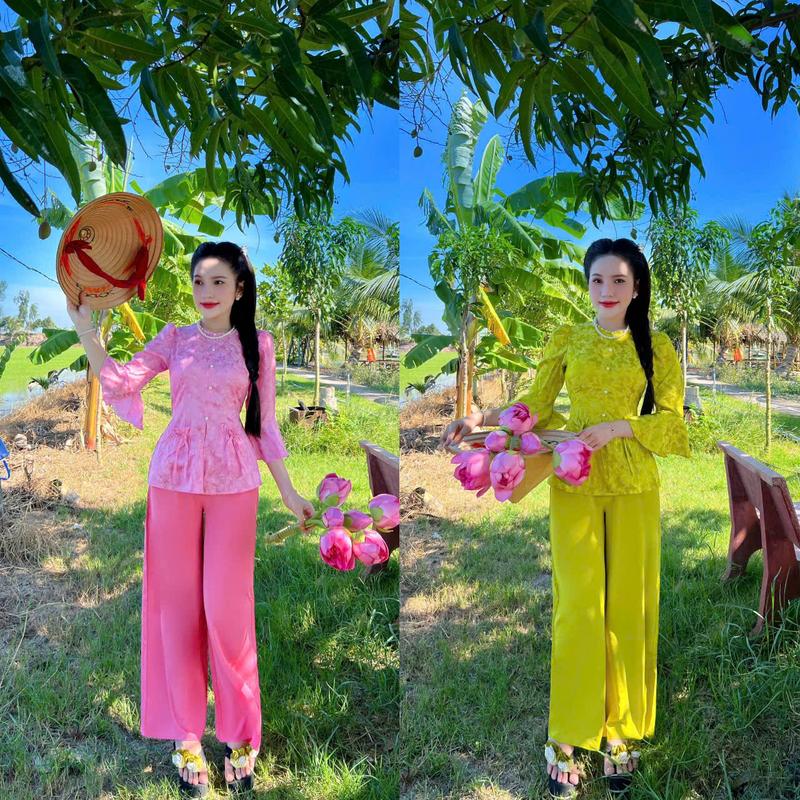  SÉT BỘ ÁO KÈM QUẦN BÀ BA TAY LOE TÚI TIỀN ÁO CÀI NÚT CÓ VIỀN NGỌC CHẤT VẢI GẤM TƠ TẰM 2 DA ĐỦ SIZE S,M,L,XL,XXL,3XL Màu Đỏ Voi Nhung Top Kem Women Nữ 