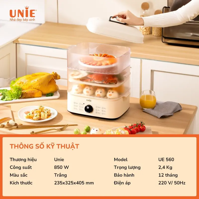 [ƯU ĐÃI CÓ HẠN] Nồi Hấp UNIE Hấp Được Gà Nguyên Con 3 Tầng Dung Tích Lớn 18L, Tháo Rời Dễ Vệ Sinh, 12 Tính Năng Tiện Lợi UE560 1