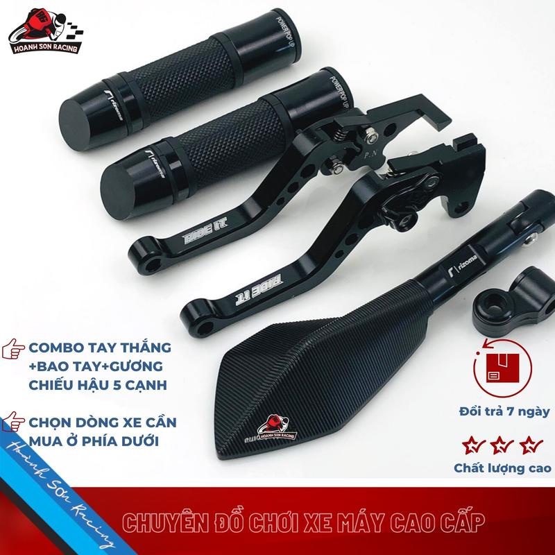 COMBO 5 MÓN gắn các dòng xe EXCITER/ WINNER/ SONIC/ MSX/ AB/ VARIO/ VISION/ NOUVO/ NVX/ WAVE/ SIRIUS/ MIO/ LUVIAS/ AIRBLADE - Hình chụp thực tế - gương chiếu hậu 5 cạnh rizoma - tay thắng 6 số-bao tay rizoma-màu đen Phụ Kiện Phụ Tùng