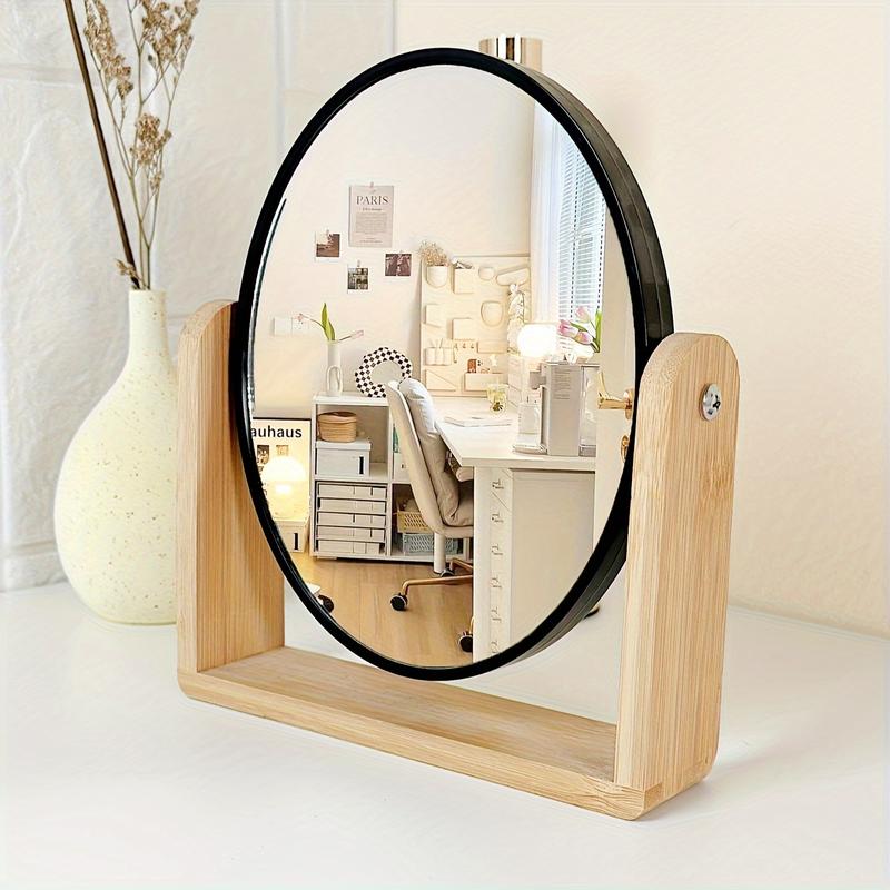 [Elegant Makeup Mirror] 1pc Elegant Wooden Frame Double-Sided Makeup Mirror |   Rotating, Simple Desk Stand Design, with Magnification - Ideal for Home Vanity Use, Makeup Vanity Desk 1