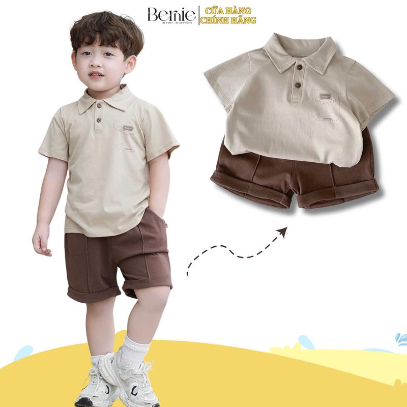 Set bộ polo tay ngắn màu nâu họa tiết in túi và chữ kèm quần short bé trai 1 đến 7t BERNIE H0225B25