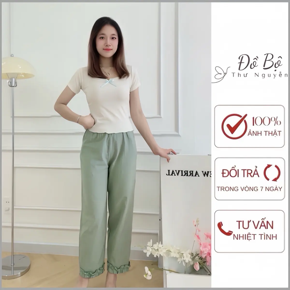 Set bộ áo cổ U (MUA  BỘ 2 TẶNG VÁY) -Quần baby chất đũi lai phối bèo trẻ trung thời trang Nữ Women Thun Kem Top