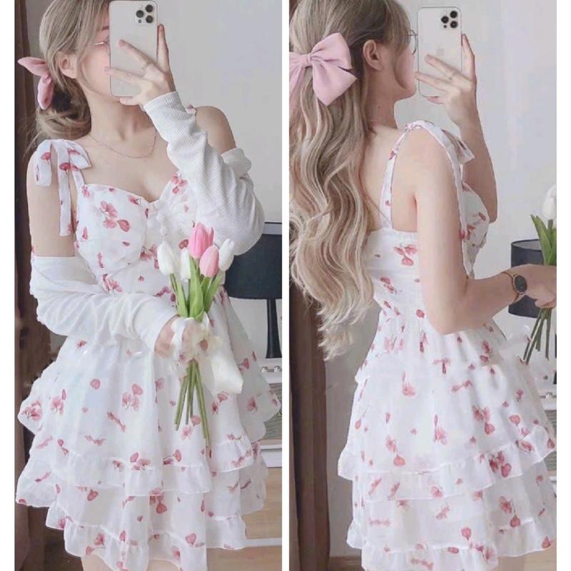 2Q263 Set đầm voan hai dây form ngắn kèm áo khoác