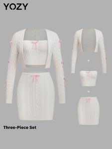 YOZY Three-Piece Set Women's Solid Textured Bow Decor Crop Tube Top & Bodycon Skirt & Open Front Cardigan, Casual Fashion Cozy Knitwear Set for Daily Outdoor Wear, Women Knitwear for Fall & Winter