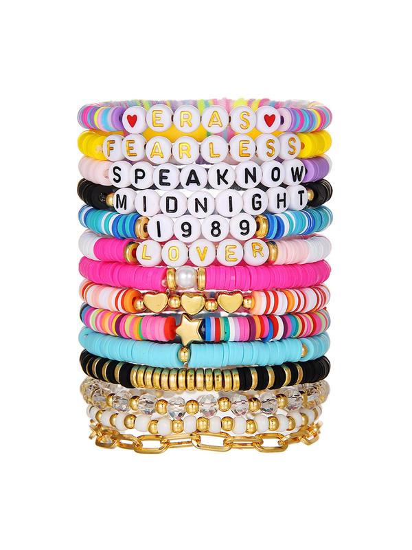 14pcs/set Women's Fashion Colorful Beaded Bracelet & Faux Pearl Decorated Link Bracelet, Heart & Letter Charm Jewelry for Party, Daily Clothing Decor for Girl 4