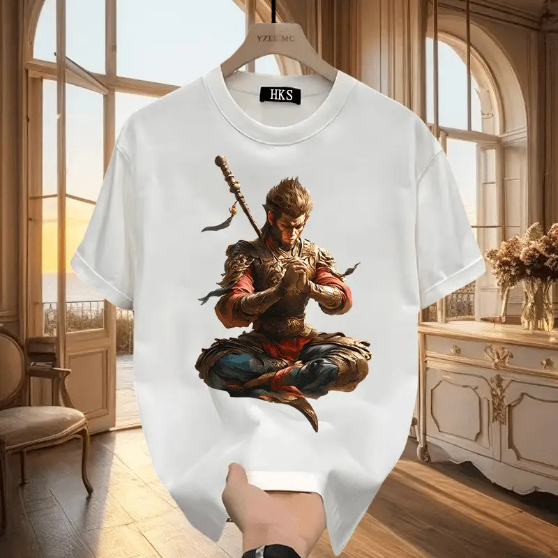 2025 heavyweight high-end American short sleeved T-shirt for men and women in summer, new Black Myth Wukong couple T-shirt, loose casual clothes for men and women in 2025