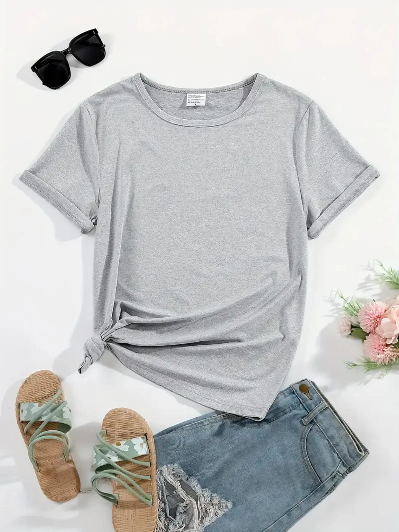 Women's Plain Round Neck Tee without Shoes, Casual Short Sleeve Crew Neck T-shirt for Summer, Ladies Clothes for Daily Wear