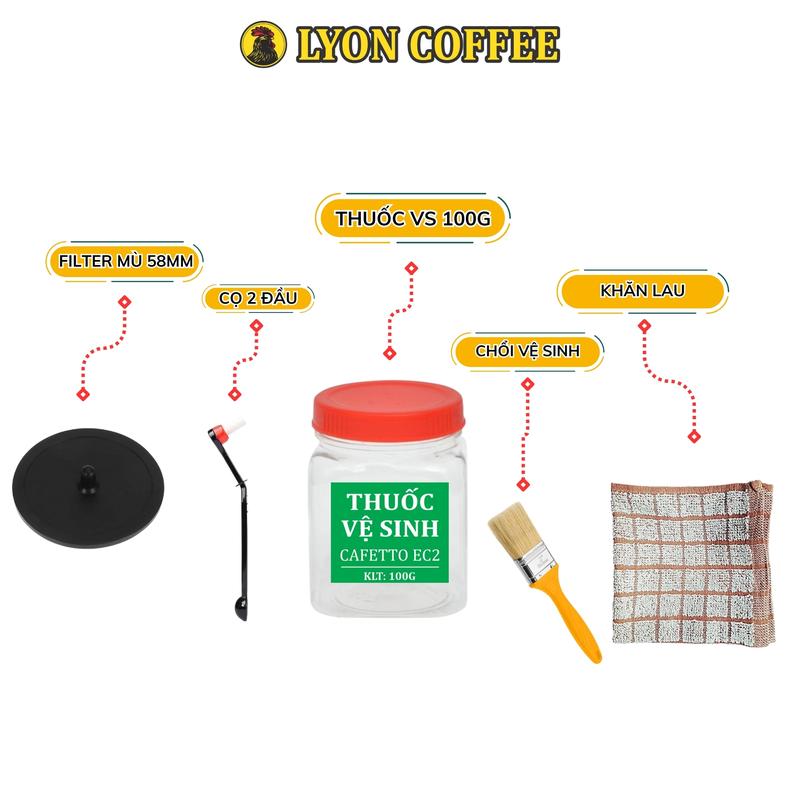 Combo 5 Món Dụng Cụ Vệ Sinh Khử Cặn Máy Pha Cafe Espresso Tự Động: Filter Phin Mù Cao Su 58mm, Cọ 2 Đầu, Bột Vệ Sinh Cafetto Ec2 100g, Chổi Vệ Sinh, Khăn Lau Đa Năng Khử cặn Máy Xay Cà Phê, Xay Cà Phê, Máy Pha Cà Phê, Pha Cà Phê