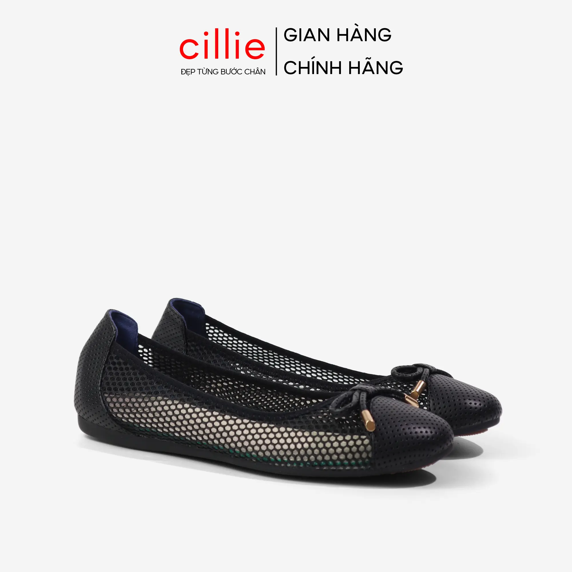 Giày búp bê nữ da thật mũi tròn đế bệt cao su dẻo phối lưới thoáng chân Cillie Shoes 1135