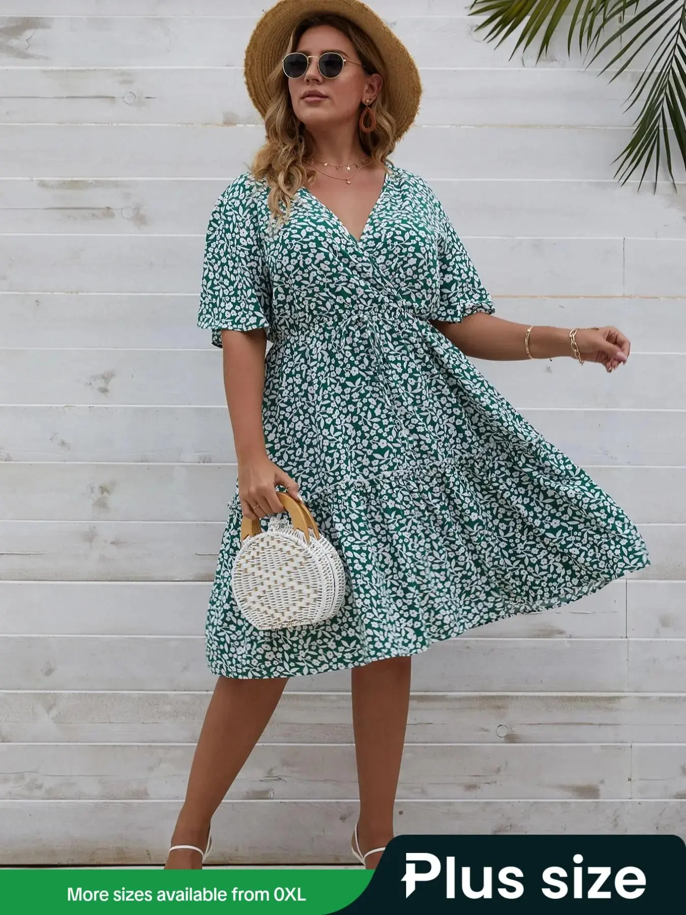【Plus Size】 Floral Print Frill Trim Tie Front Ruffle Hem Smock Dress, Birthday Dresses, Summer Clothes Women, Ladies Dresses, Boho Chic Butterfly Sleeve V Neck Wrap Dress for Summer, Women's Clothes, Summer Dresses 2025