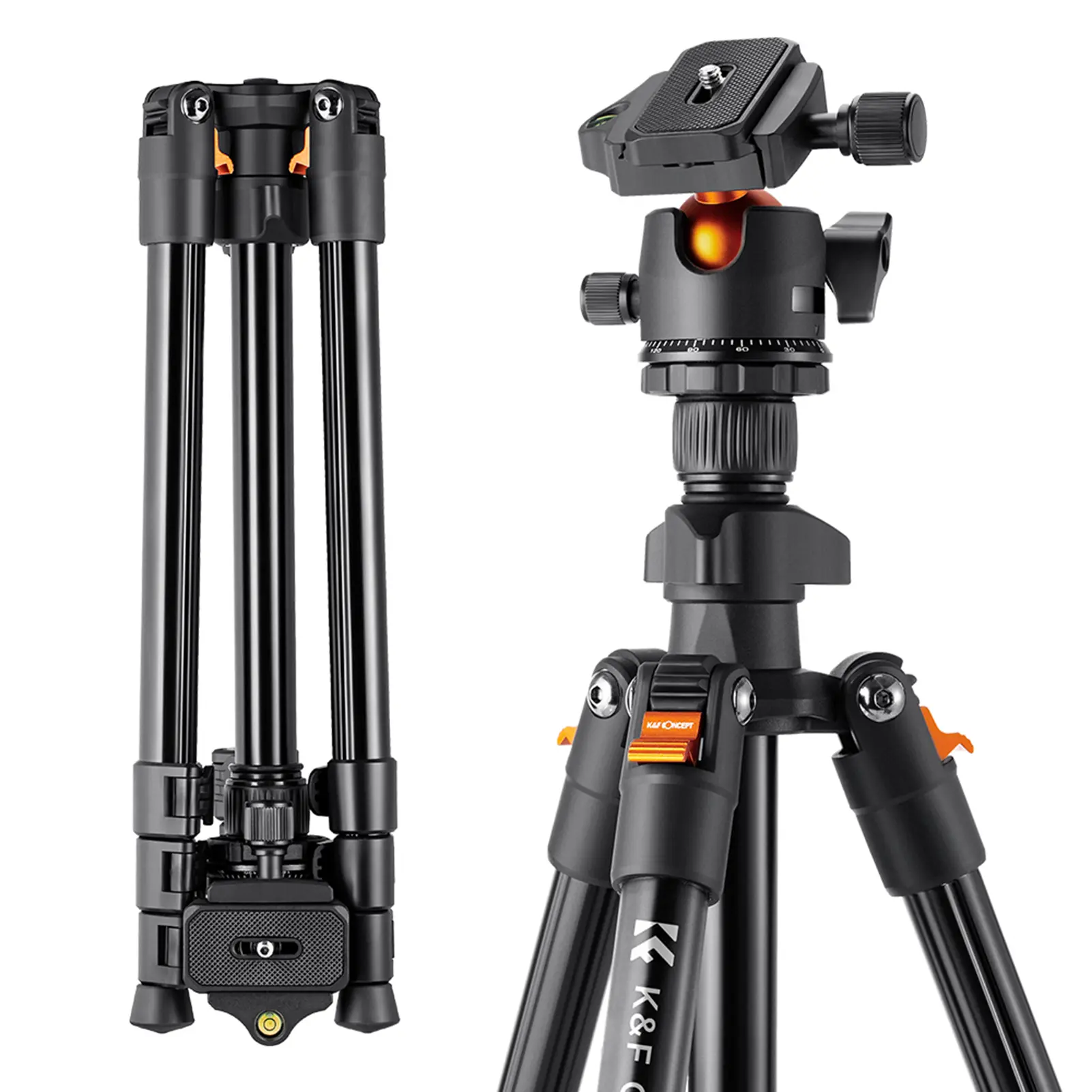 Tripod Kamera Mudah Alih, K & F KONSEP, Aloi Aluminium, Panjang 160cm / 62.99 Max, dengan Kaki Getah Tripod Perjalanan, Ketinggian 8kg / 17.64lbs Kapasiti Beban, Sudut Rendah, Sesuai untuk Fotografi dan Kamera DSLR, Didatangkan dengan Beg Membawa