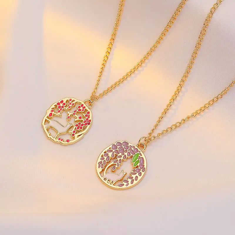 Couple Necklace Besties Necklace Chinese Style Hollow Kitten Flower Appreciation Cute Necklace Alloy Dripping Oil Court Pendant Trend Bestie All Match Cross Chain