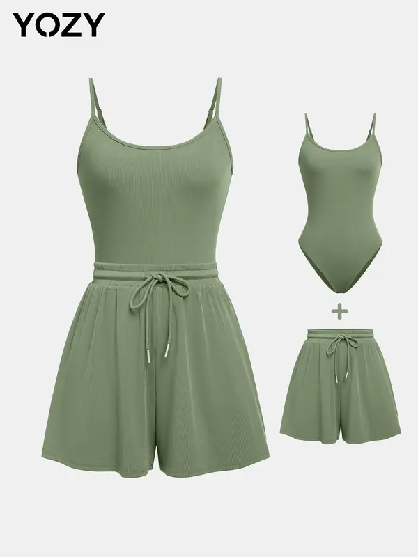 YOZY Adjustable Strap Cami Bodysuit & Drawstring Wide Leg Shorts Set, Casual Round Neck Sphaghetti Strap Bodysuit & Elastic Shorts Set, Back to School Women's Wear for Summer, Travel 5