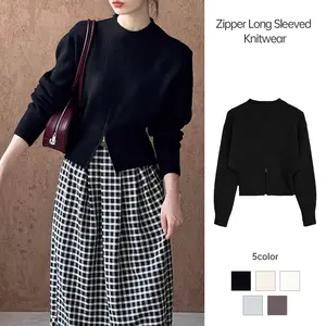 Niche Versatile Knitwear Zipper Long Sleeved Rajutwear Loose Solid Color Sweater Wanita Atasan Wanita Katun