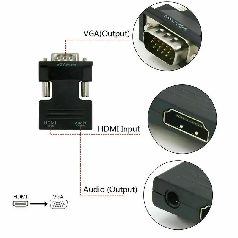 Cáp HDMI sang VGA, Đầu ra tín hiệu nam VGA, Bộ điều hợp âm thanh, Bộ chuyển đổi tương thích HDMI, Cáp HDMI, với cáp âm thanh 7