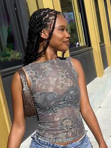 Women's Floral Print Sheer Tulle Tank Top without Inner Bra, Fashion Casual Sleeveless Top for Daily Outdoor Wear, Women Top Clothes for Summer