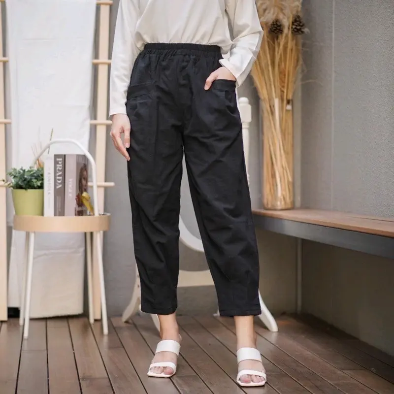 CELANA7/9 CRINGKEL LINEN Panjang Katun Karet Lembut Nyaman Wanita Kain Standar Fit Formal celana jumbo 1