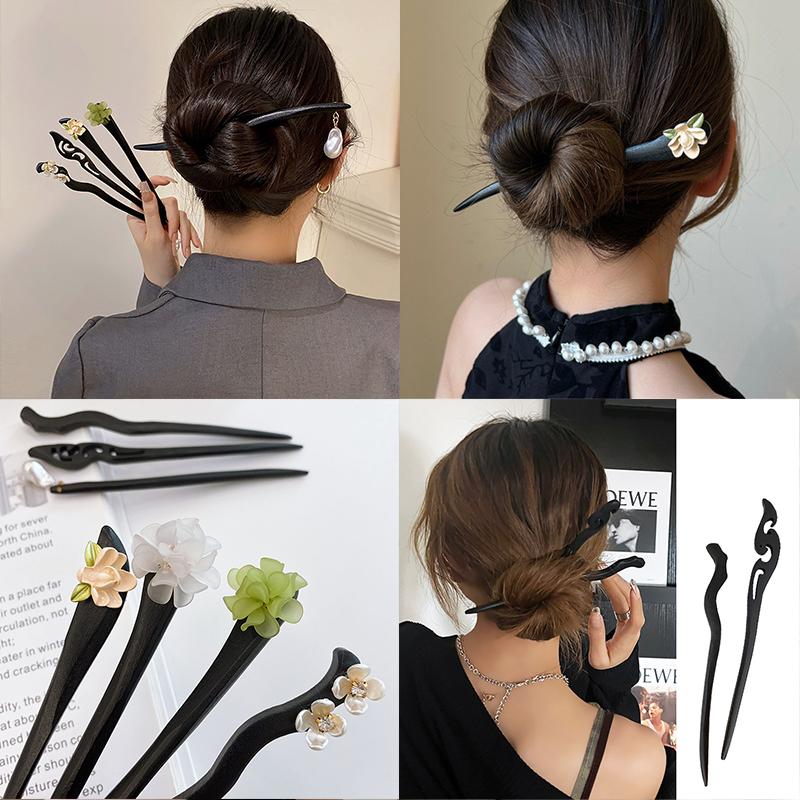 Trâm cài tóc bằng gỗ đen đính họa tiết cổ điển giá rẻ nữ tính K50