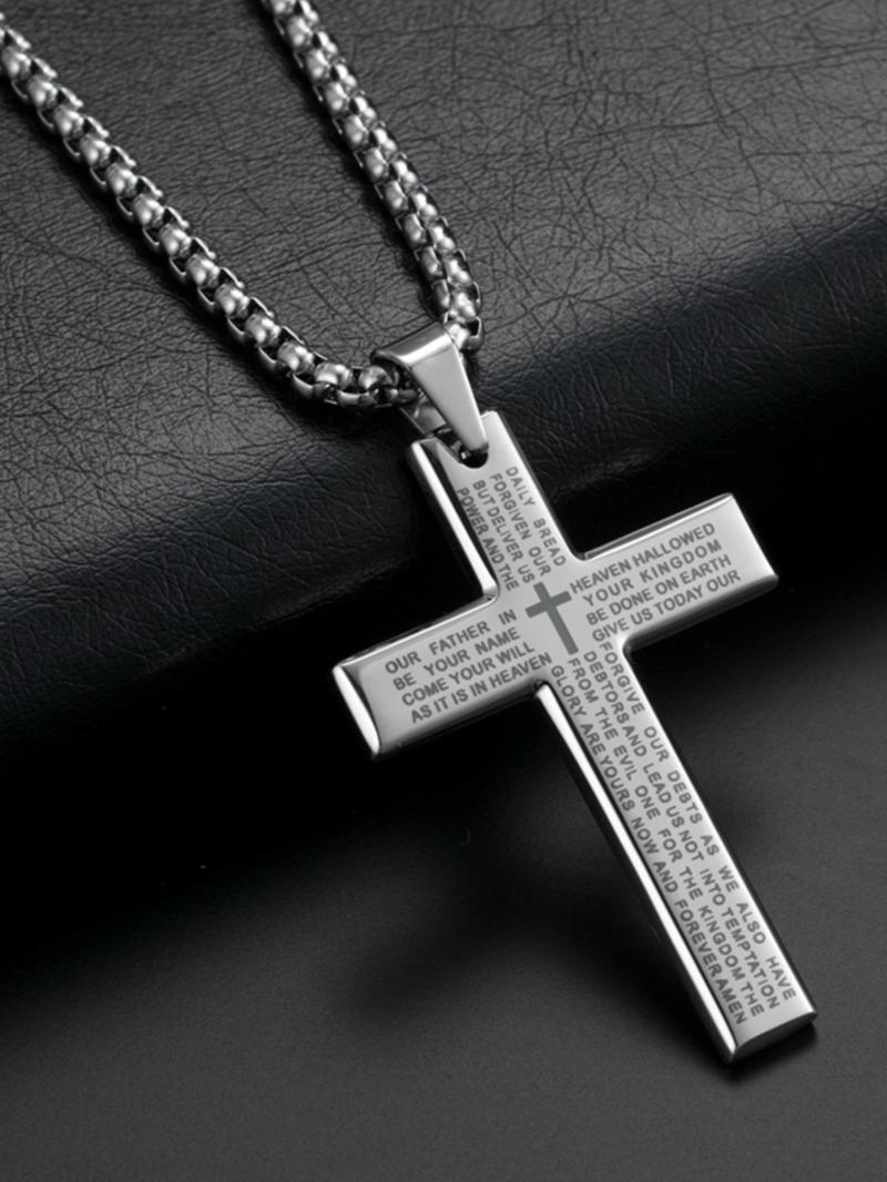 Product Introduction of Men's Punk Style Letter Pattern Cross Pendant Necklace, Hip Hop Fashion Stainless Steel Jewelry for Party, Daily Decor, Trendy All-match & Exquisite Jewelry for Birthday Gift, without Box 2