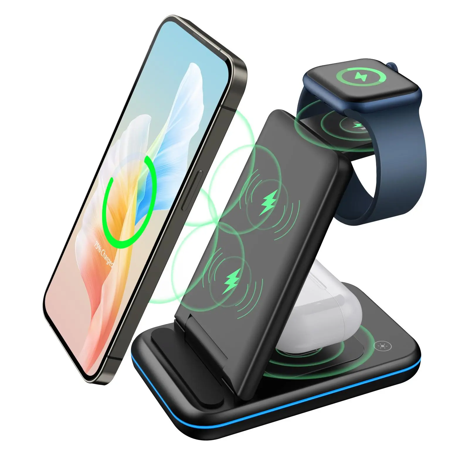Foldable 3 in 1 Wireless Charger Stand, Portable 15W Fast Charging Station with LED Lamp, Charging Station Compatible with iPhone, Apple Watch & AirPods