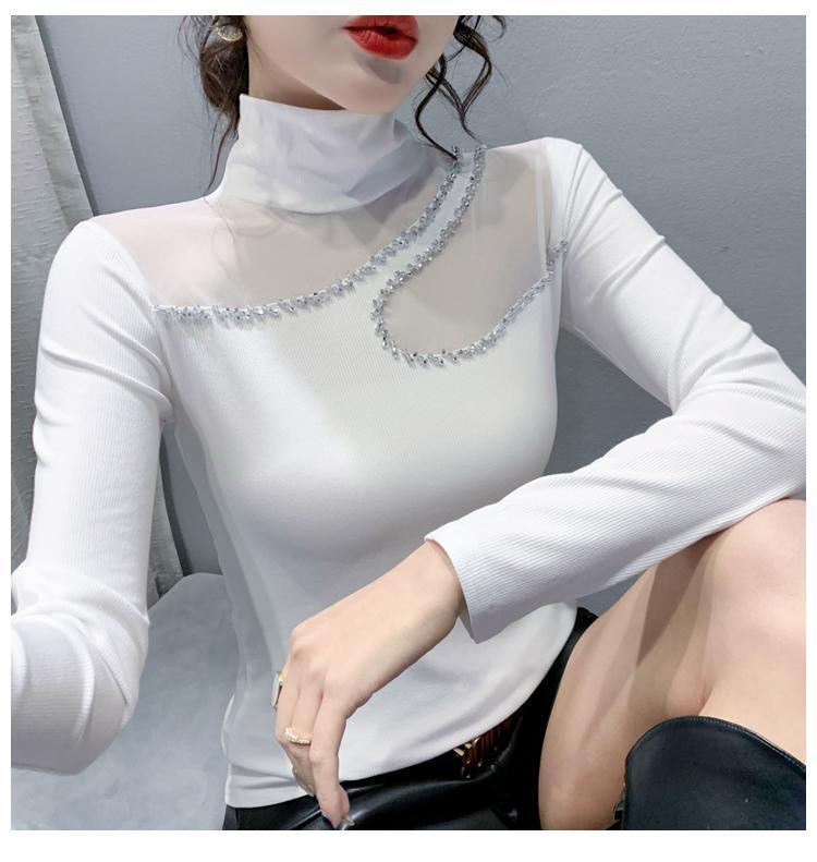 Product Introduction of Áo Mỏng Cho Nữ, Cổ Lọ European Station, Khâu Lưới, Thiết Kế khoét Dài Tay, Dáng Ôm, Hàng Mới Về Năm 2024, Thích Hợp Cho Mùa Thu Và Mùa Đông, Có Dát Kim Cương Top Women Sơ Mi Shirt 15