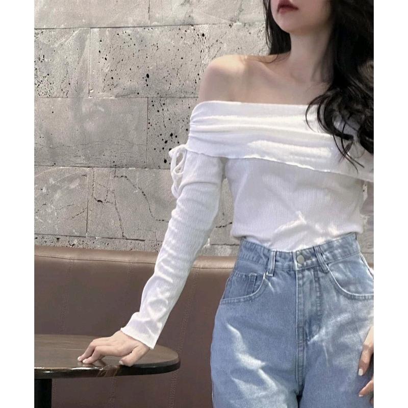 Áo Trễ vai Xẻ tà Tay Dài Thiết Kế Phối Xích Độc Đáo Phong Cách Nữ Top Jean somi dui