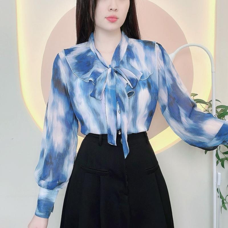 Áo sơ mi nữ sang chảnh thiết kế vải voan mùa hè mềm mỏng kèm lót cổ bèo cột nơ LAMO- B1337