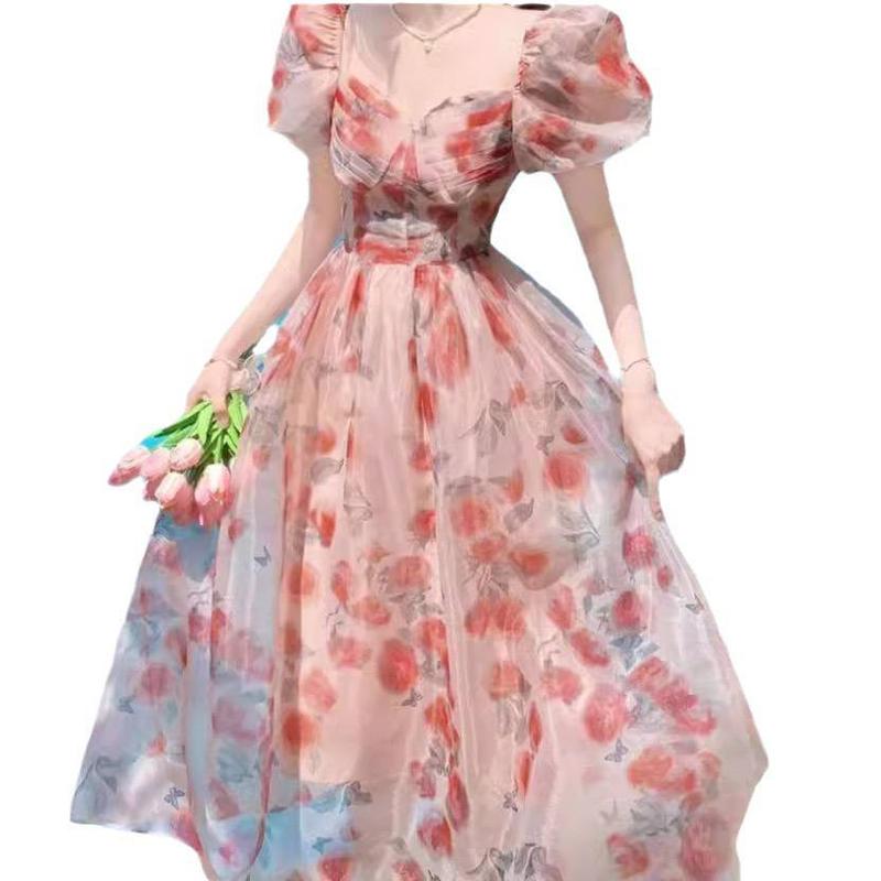 Đầm váy voan hoa hồng dáng dài tay phồng hot trend 2024 Women Nữ Dress