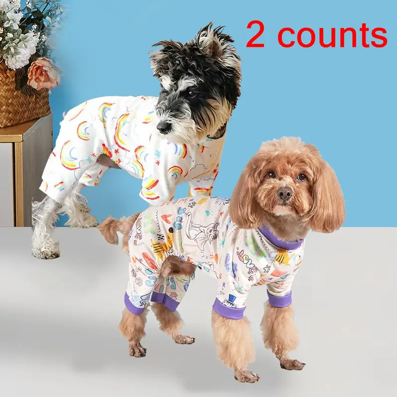 Cute Print Pet Pajamas, 2 Counts Soft and Stretchy Puppy Dog Clothes, Pet Sleepwear for Small and Medium Boys Dogs and Girls Dogs 0