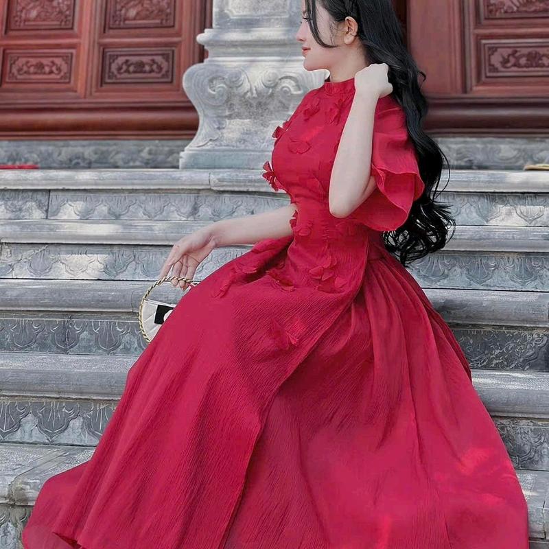 SÉT ÁO DÀI TƠ ĐÍNH BÔNG tay phồng phối chân váy voan lụa 3