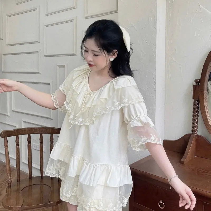 Bộ Pijama Bánh Bèo Kem Cổ Diềm (cộc, đùi) Tiểu Thư Dễ Thương Mềm Mịn Màu Sắc Đẹp Áo Ngủ Quần Ngủ