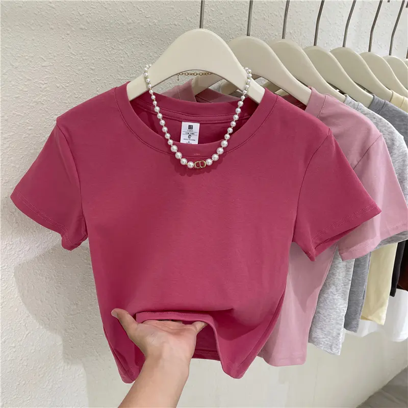210G 92 Cotton 8 Spandex Korean Style Summer New Pure Color Short Elegant Hot Girl Sexy Slim Top for Women