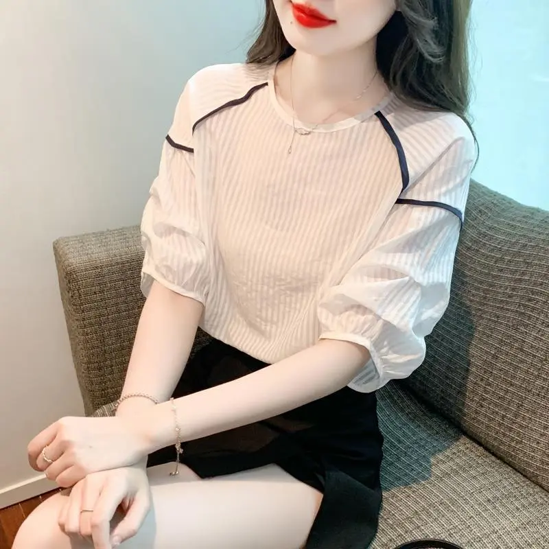 Áo Voan, Thời Trang Mới Mùa Hè 2024, Thanh Lịch Và Mỏng Vừa Vặn, Dễ Phối Đồ Ngắn Tay, Thiết Kế Đẹp Cho Nữ, Áo Tay Phồng Độc Đáo