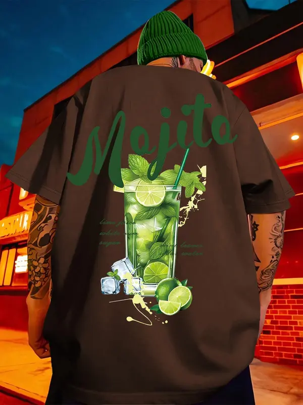 Men's Mojito Cocktail Print Round Neck Tee, Regular Fit Casual Short Sleeve T-shirt, Men's Summer Top for Daily Wear, Tropical 3