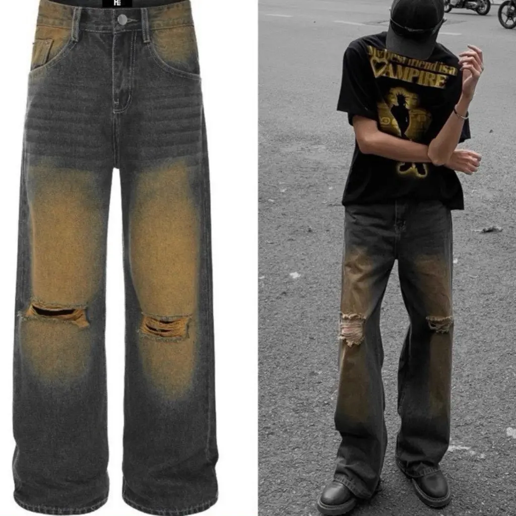 Quần jean ống rộng rách gối wash vàng retro jean baggy ống suông XESINU Menswear