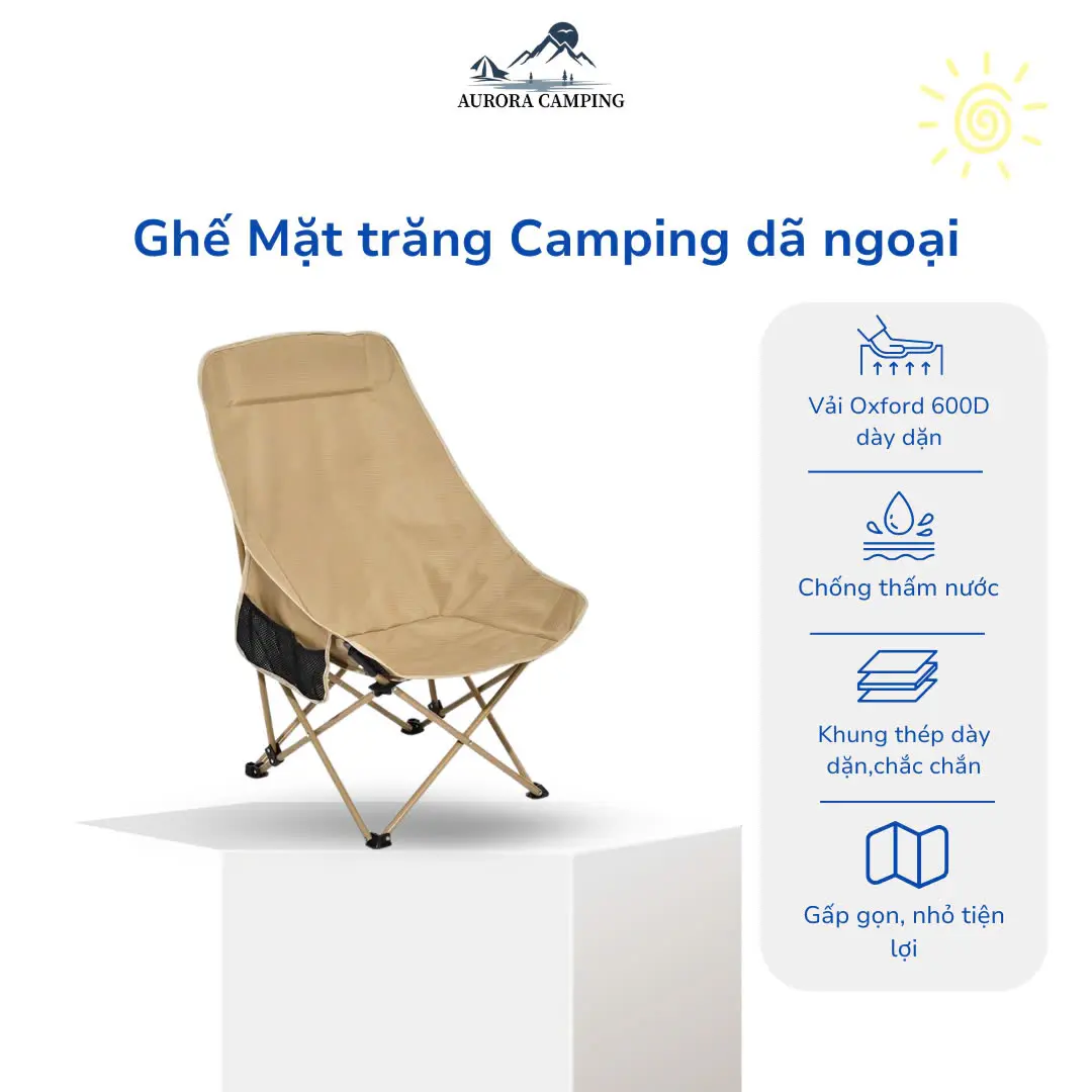 Ghế Camping mặt trăng gấp gọn khung thép , ghế dã ngoại câu cá tựa lưng thư giãn chịu tải 130kg Đồng