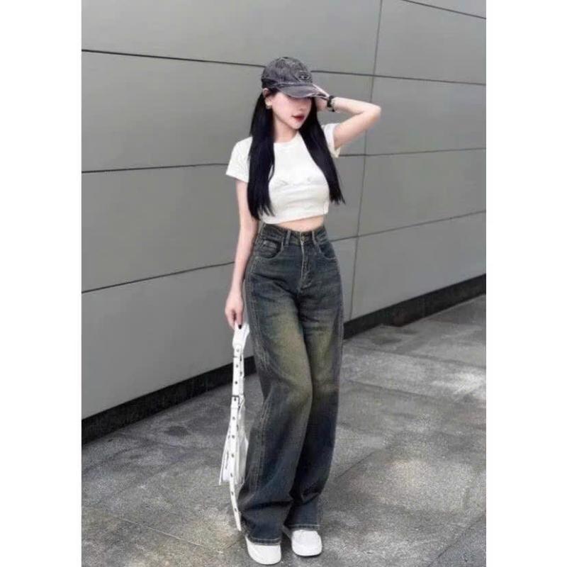 Quần jeans suông lưng cao màu mới phong cách Hàn Quốc , trẻ trung , năng Động , cá tính 2024 với quần ống rộng women. quần  bò miu 5