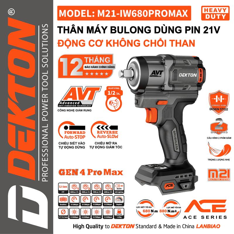 Máy Siết Bulong Dekton 680Nm / M21-IW680PROMAX / Brushless Motor / 4 Cấp Tốc Độ / Phím Chuyển Mode Nhanh / Chân Pin Makita Phổ Thông