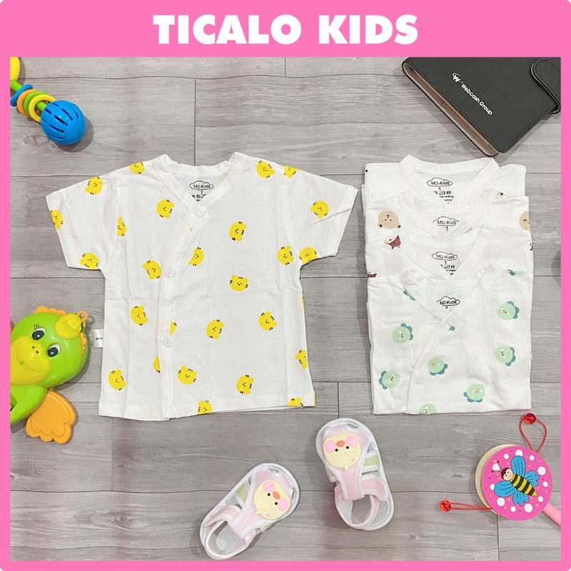 Áo cộc lẻ vạt chéo sơ sinh - Trắng hoạ tiết - Chất vải thun lạnh, mềm, mịn, mát