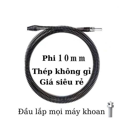 Dây thông tắc cống, thông bồn cầu lò xo INOX siêu bền từ 8m/10m lắp cùng máy khoan đã có đầu nối