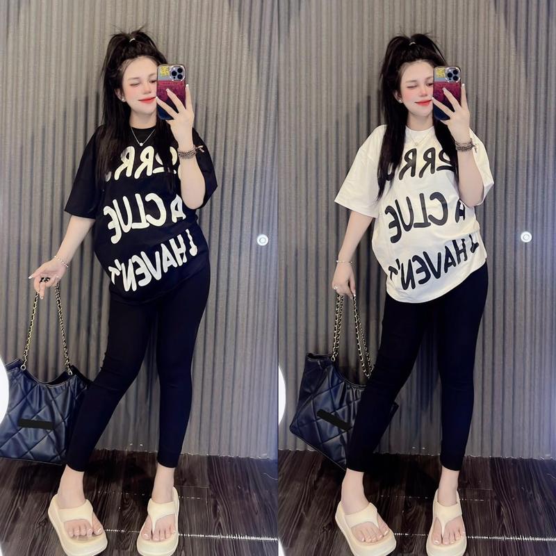 {Chất Liệu Gân Tăm } Set Đồ Bộ Nữ Quần Ôm Áo Chữ In Tôn Dáng Bigsize 45-90Kg Mặc Nhà Đi Chơi Top Nữ