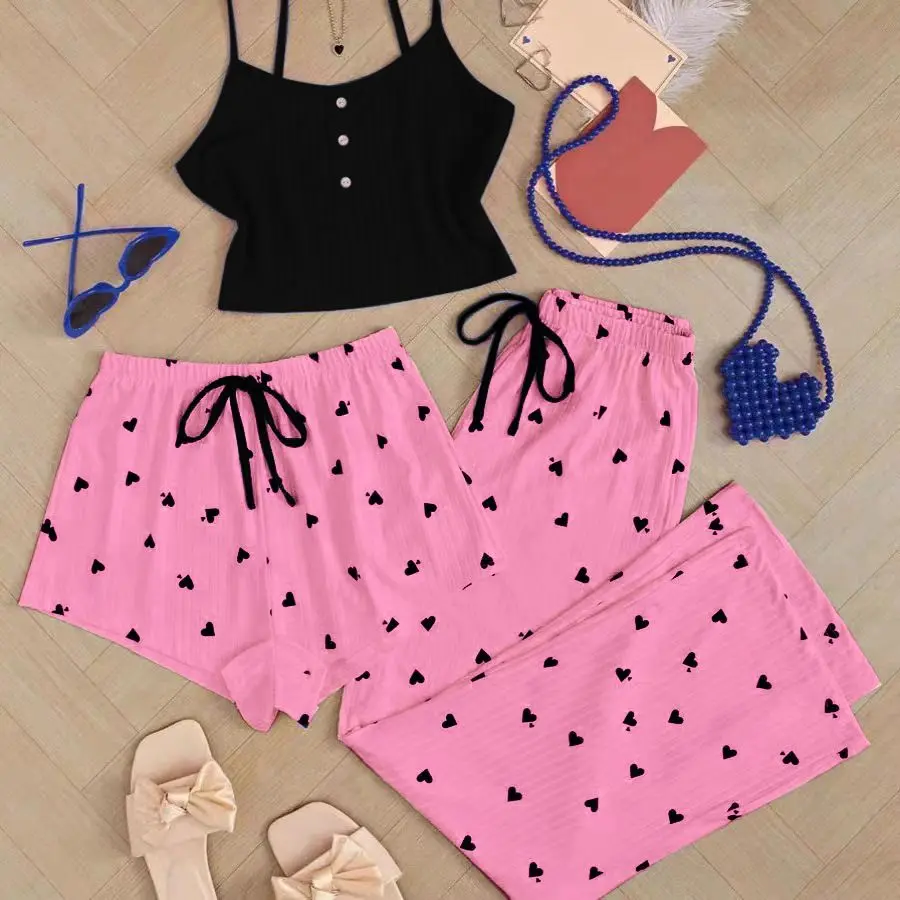 Pajamas Spring and Autumn Niche Sweet Cute Heart Printing Three-Piece Set Advanced Suspender Shorts Trousers Sexy Home Wear