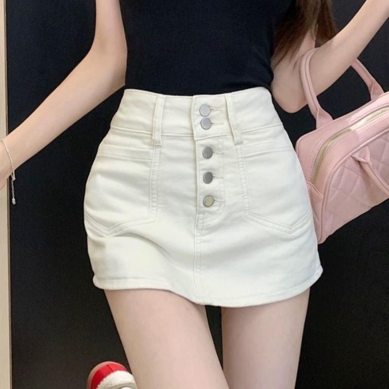 (Bigsize XS-5XL) Quần Váy Jean 5 Nút Nút Túi Nhọn Lưng Cao Phom A Dáng Ngắn Women, Màu Trắng Chất Liệu Cotton Không Giãn Dày Dặn