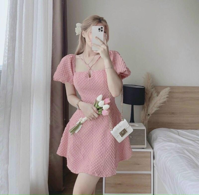 Đầm Xốp Tay Bồng Dây Cổ Yếm Tiểu Thư Nữ Dress 6