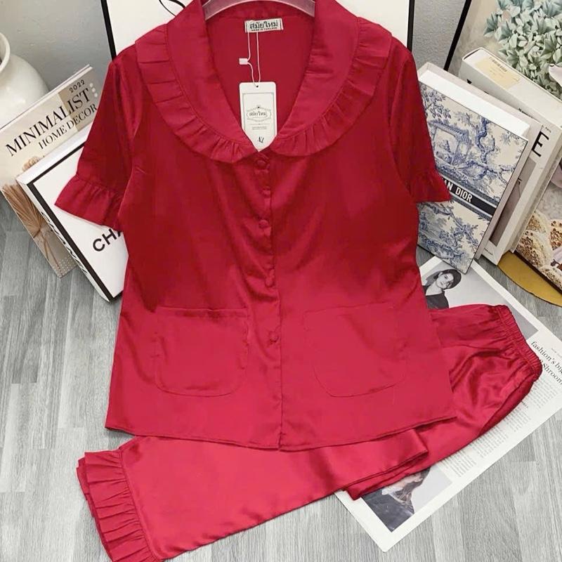 Bộ đồ mặc nhà pizama tay ngắn quần dài CỔ BÈO phối voan chất vải lụa latin mềm mịn dành cho nữ từ 40-60kg pijama ngủ áo hai 6