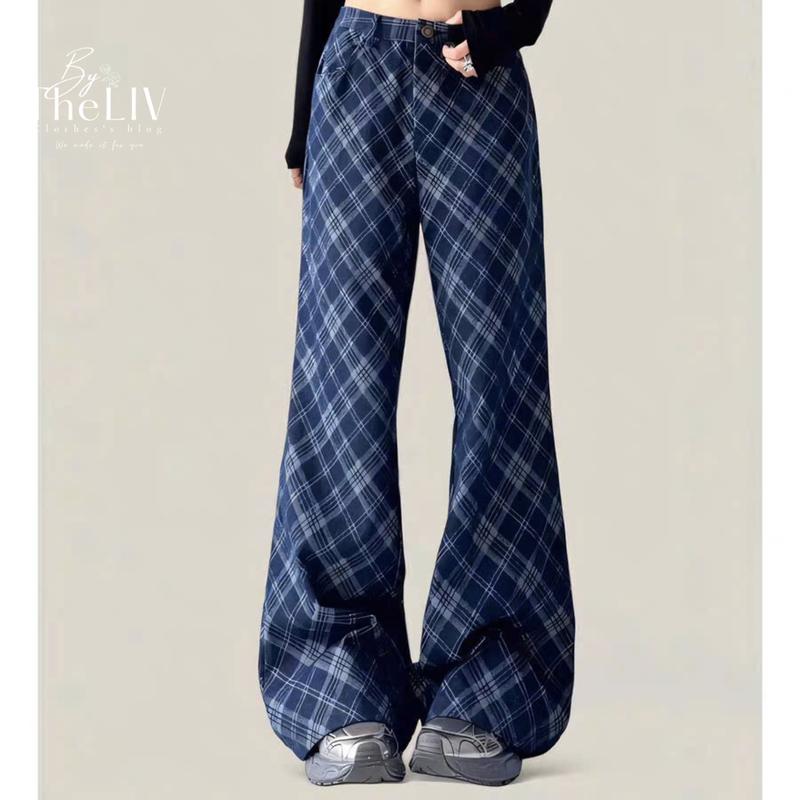 Quần jean rộng loe cạp thấp KORRE vải in caro xéo lạ mắt - Hàng QC